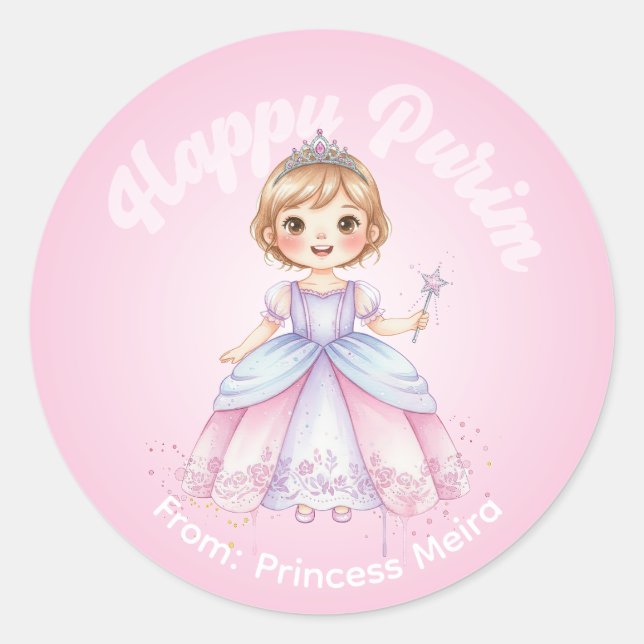 Pegatina Redonda Personalized Purim Sticker – Princess Theme (Anverso)