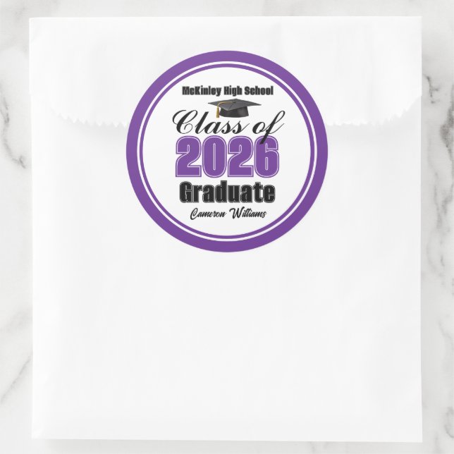 Pegatina Redonda Personalized Purple Class of 2026 Graduation Party (Bolso)
