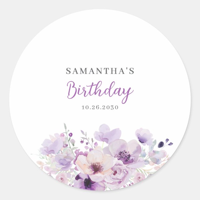 Pegatina Redonda Personalized Purple Floral Birthday  (Anverso)