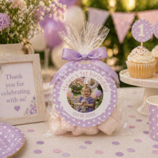 Pegatina Redonda Personalized Purple Polka Dot Photo 1st Birthday 