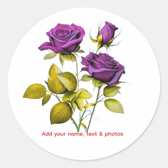 Pegatina Redonda Personalized Purple Rose Sticker | Add Your Name (Anverso)