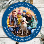 Pegatina Redonda Personalized Round Photo Return Address<br><div class="desc">Add the finishing touch to your envelopes, mailings and stationary with these circle custom photo return address labels. Personalized these round return address labels with your favorite photo, pet photo, family photo with dog, names, and address. These modern holiday blue return address labels are perfect for the Christmas holiday season....</div>