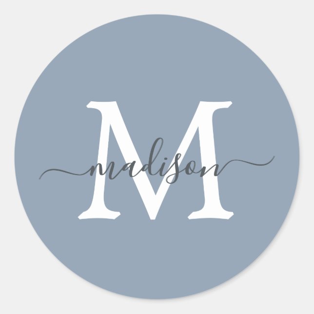 Pegatina Redonda Personalized Script Name Monogram Dusty Blue (Anverso)