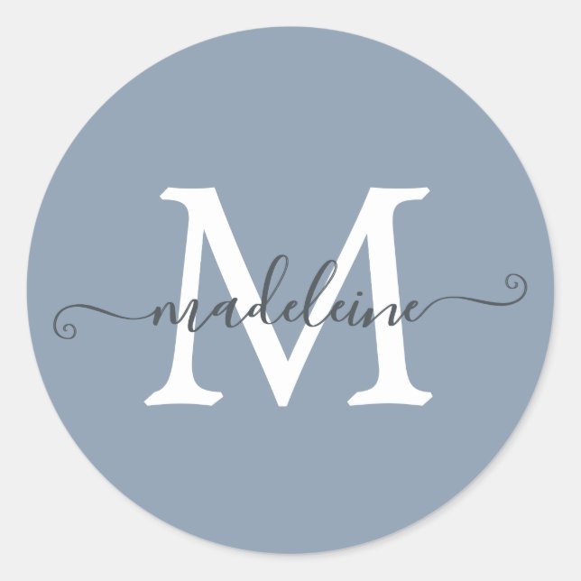Pegatina Redonda Personalized Script Name Monogram Dusty Blue (Anverso)