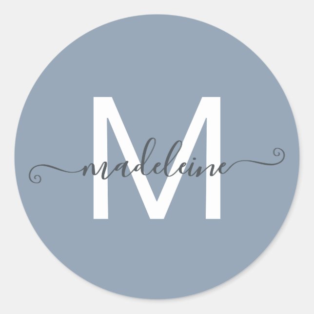 Pegatina Redonda Personalized Script Name Monogram Dusty Blue (Anverso)