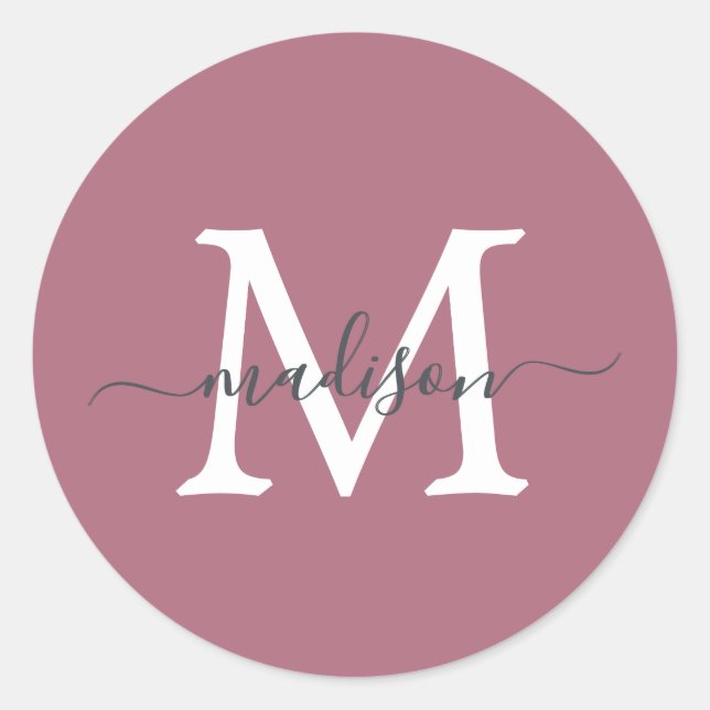 Pegatina Redonda Personalized Script Name Monogram Dusty Rose (Anverso)