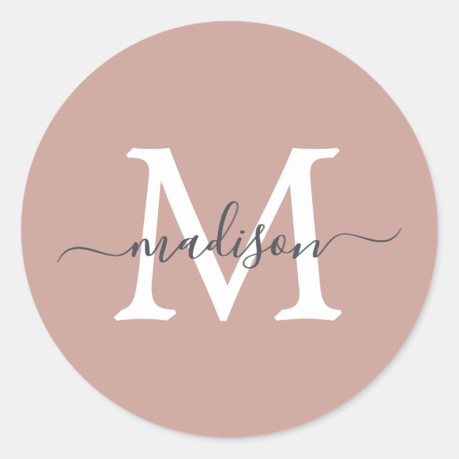 Pegatina Redonda Personalized Script Name Monogram Dusty Rose (Anverso)