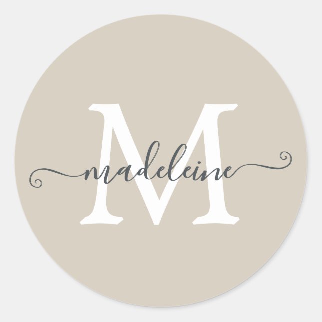 Pegatina Redonda Personalized Script Name Monogram Warm Beige (Anverso)