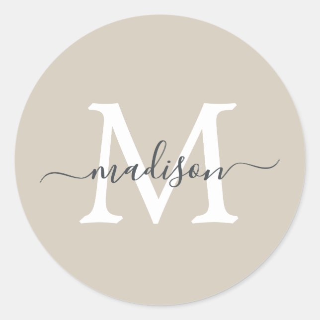 Pegatina Redonda Personalized Script Name Monogram Warm Beige (Anverso)