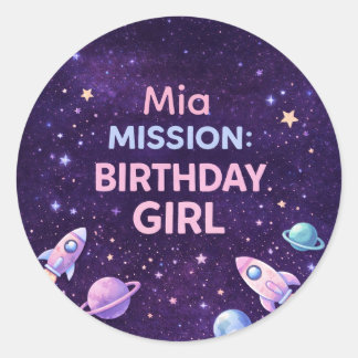 Pegatina Redonda Personalized Space Birthday Girl Party Sticker