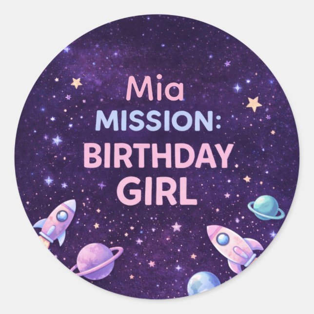 Pegatina Redonda Personalized Space Birthday Girl Party Sticker (Anverso)