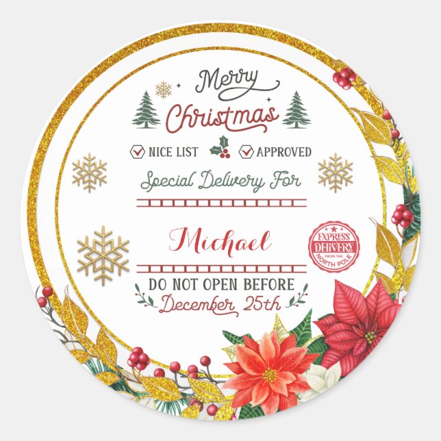 Pegatina Redonda Personalized Special Delivery North Pole Santa (Anverso)