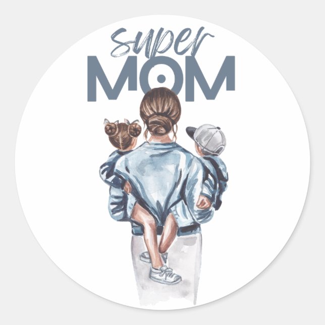 Pegatina Redonda Personalized Super Mom with Son and Daughter Gift (Anverso)