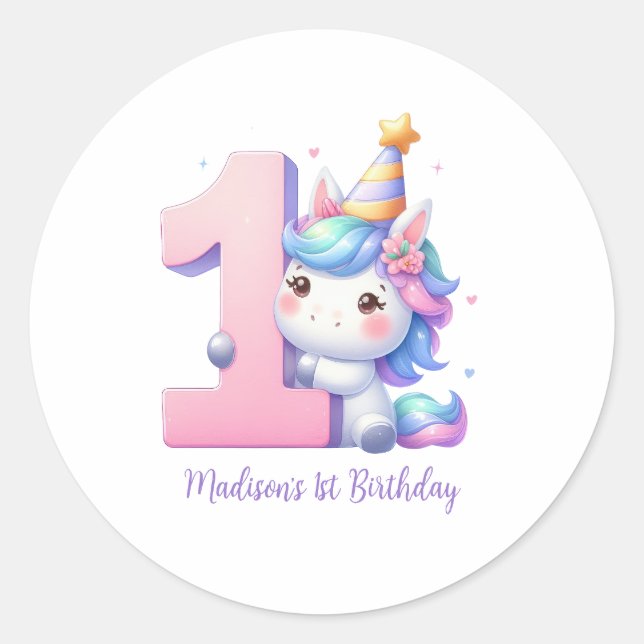 Pegatina Redonda Personalized Unicorn 1st First Girls Birthday  (Anverso)