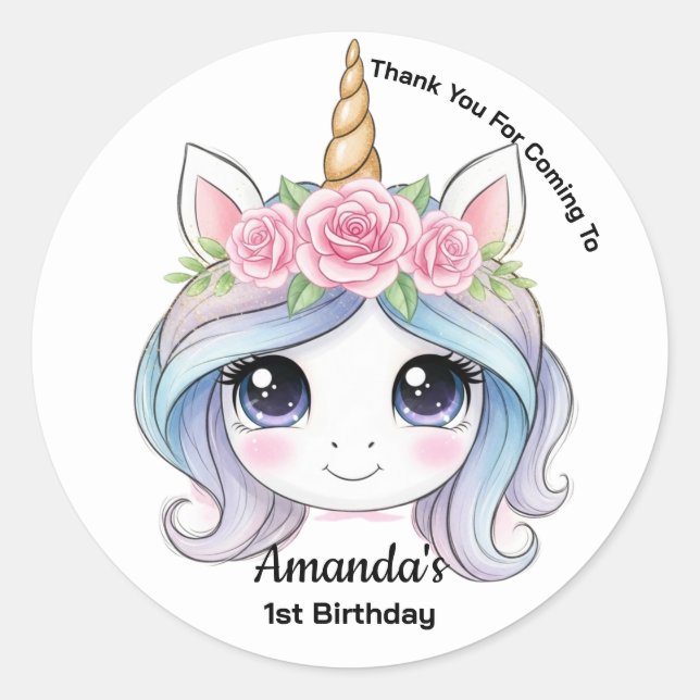 Pegatina Redonda Personalized Unicorn Birthday Party Favor Sticker (Anverso)
