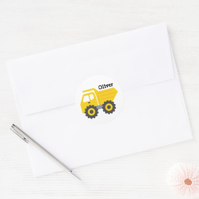 Pegatina Redonda Personalized Yellow Dump Truck (Sobre)