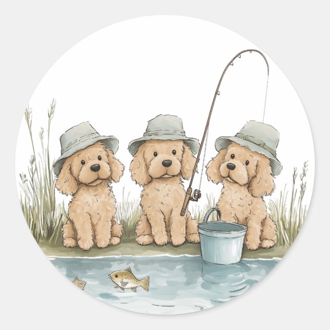 Pegatina Redonda Pesca de perros de goldendoodle (Anverso)