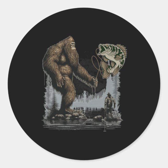 Pegatina Redonda Pesca de pie gigante Funny Pescado Sasquatch (Anverso)