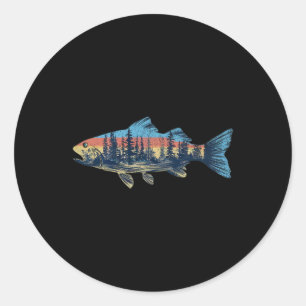 Pegatina Redonda Pesca de trucha Pesca Naturaleza Pescador al aire