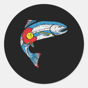 Pegatina Redonda Pesca de Trucha Vintage Bandera Retro Colorado 80'