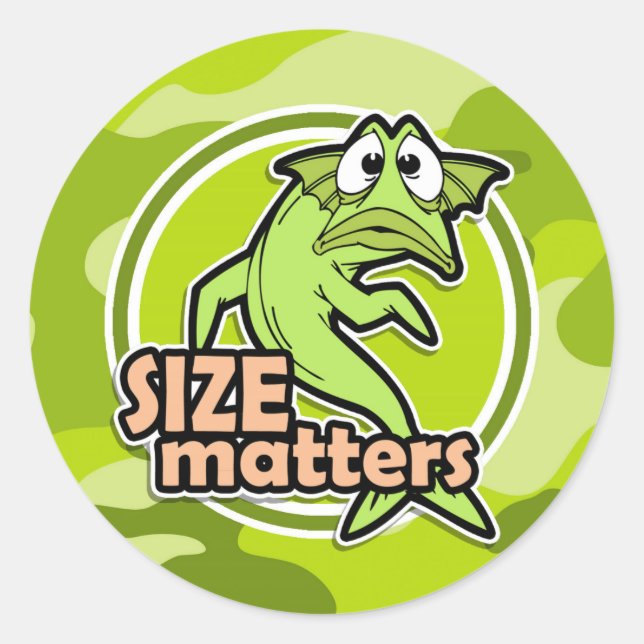 Pegatina Redonda Pesca divertida; camo verde brillante, camuflaje (Anverso)