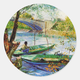 Pegatina Redonda Pesca en primavera, Vincent van Gogh.