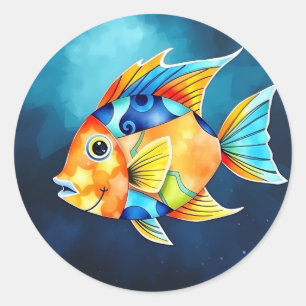 Pegatina Redonda Pescado acuático abstracto con geométrico negrita