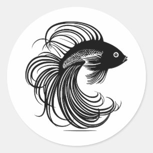 Pegatina Redonda Pescado Betta en blanco y negro Minimalista