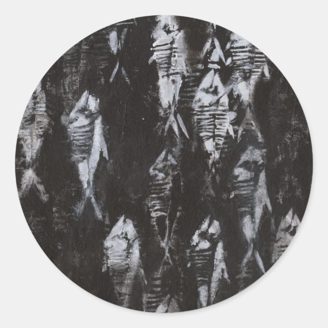 Pegatina Redonda Pescado blanco fósil sobre fondo negro (Anverso)