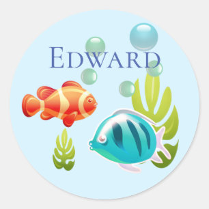 Pegatina Redonda Pescado colorido con burbujas y algas marinas