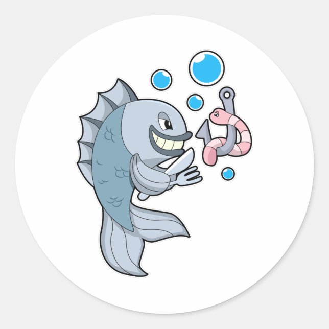 Pegatina Redonda Pescado con anzuelo y gusano de pescado (Anverso)