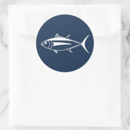 Pegatina Redonda Pescado de atún en blanco en azul marino