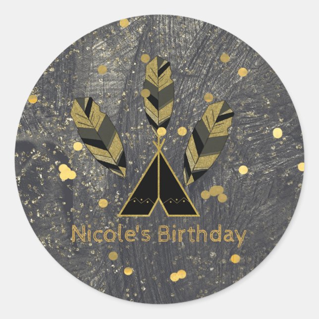 Pegatina Redonda Pescado de mano y tepee oro negro Boho Glam (Anverso)