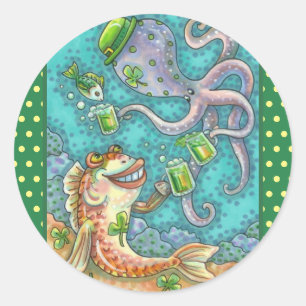 Pegatina Redonda PESCADO DE St. PADDY Y OCUPOS DE CERVEZA VERDE