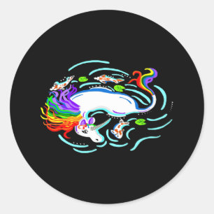 Pegatina Redonda Pescado De Unicornio Arcoiris Y Koi