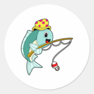 Pegatina Redonda Pescado en la pesca con barra de pesca y Gorra