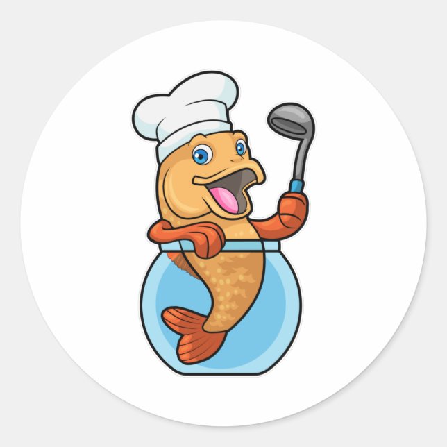 Pegatina Redonda Pescado en vidrio cocinado con cuchara de sopa (Anverso)