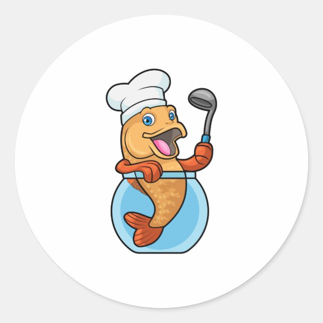 Pegatina Redonda Pescado en vidrio cocinado con cuchara de sopa (Anverso)