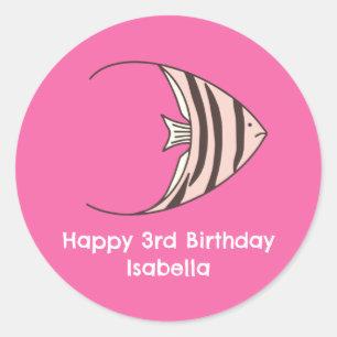 Pegatina Redonda Pescado rosado lindo Feliz cumpleaños