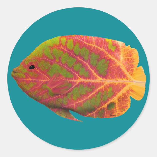 Pegatina Redonda Pescado tropical de hoja de ave 1 (Anverso)