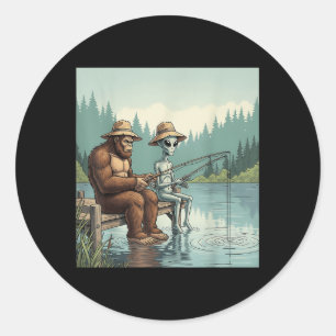 Pegatina Redonda Pescador Alien Bigfoot Pescador de Sasquatch
