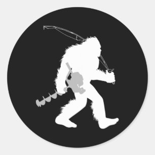 Pegatina Redonda Pescador de hielo Bigfoot Yeti con taladro A