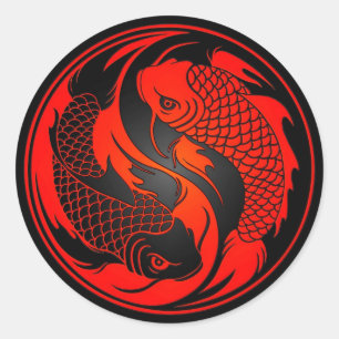 Pegatina Redonda Pescados rojos y negros de Yin Yang Koi