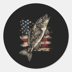 Pegatina Redonda Pescando bandera americana B peces hombres mujeres