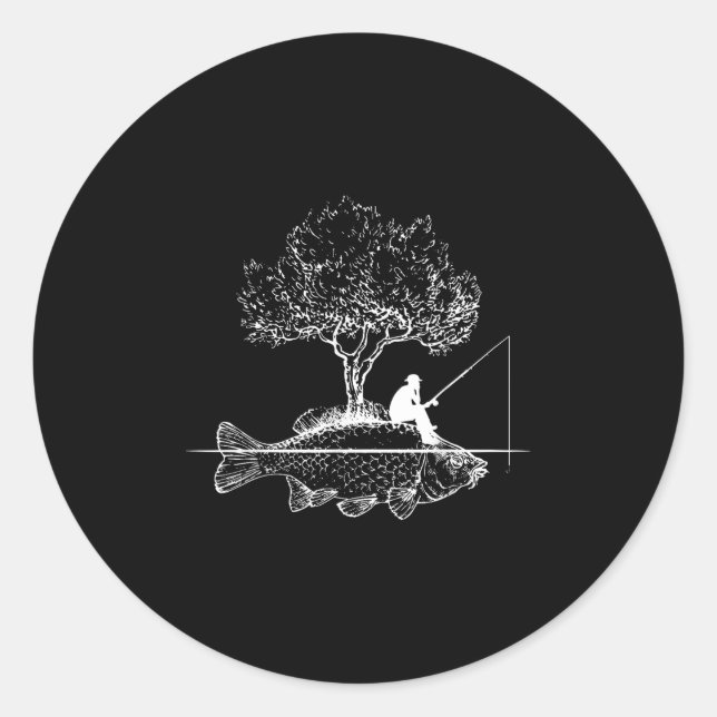 Pegatina Redonda Pescar pez isla carp angler surreal (Anverso)