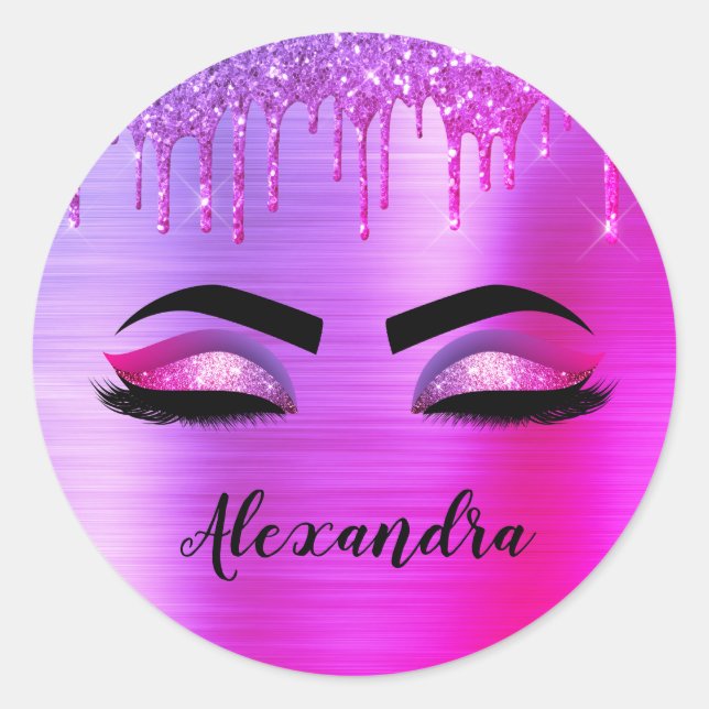 Pegatina Redonda Pestañas con Brillo Purpura y Monograma de Nombre (Anverso)