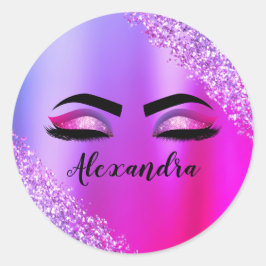 Pegatina Redonda Pestañas Modernas de Purpura y Rosa con Monograma 
