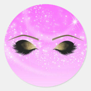 Pegatina Redonda Pestañas Postizas Personalizadas Brillo Rosa Dorad