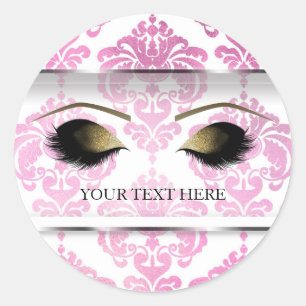 Pegatina Redonda Pestañas Postizas Rosado Damask Vintage Glam Moder