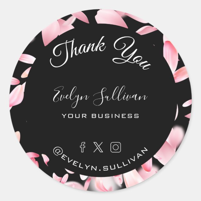 Pegatina Redonda Petales rosados Elegantes Gracias (Anverso)